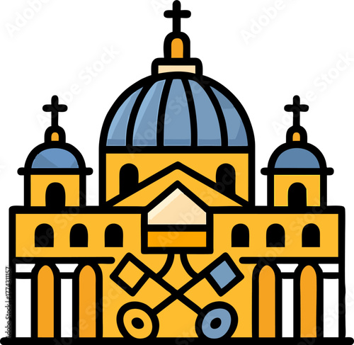 Pope Architecture Icon Vector with Blue Domes and Crossed Keys – Catholic Church Landmark Symbol Illustration