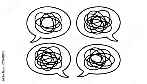 Four black outlined speech bubbles with tangled scribbles inside on a white background thought bubble