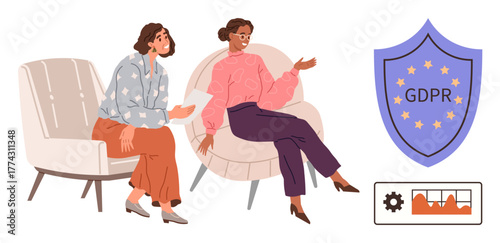 Two women seated and engaged in discussion, GDPR shield emblem, and data chart. Ideal for privacy, compliance, technology, teamwork, communication legal matters data security. Simple flat metaphor