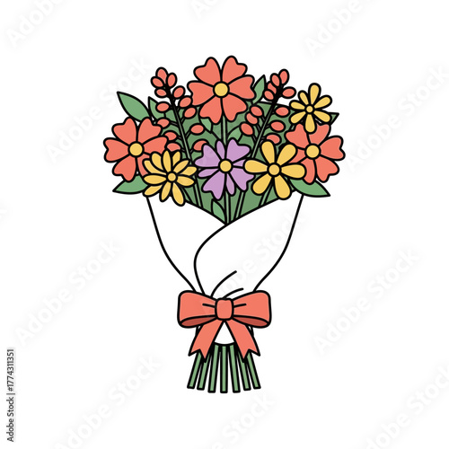 Wallpaper Mural A vibrant bouquet of colorful flowers wrapped in paper with a pink bow, depicted in a simple line art style. Torontodigital.ca