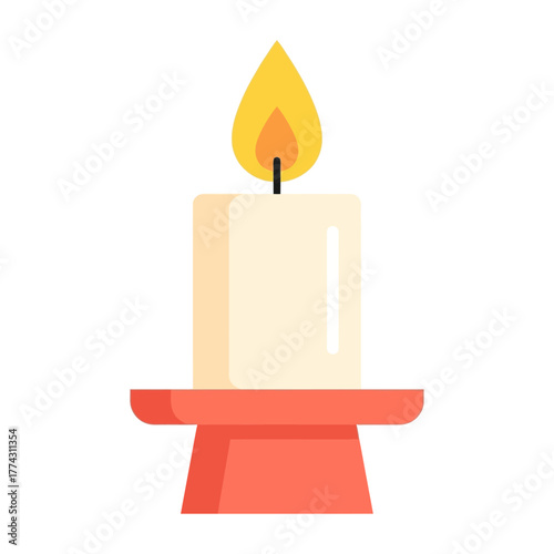 A simple, flat illustration of a lit cream-colored candle on a red holder, casting a warm glow.