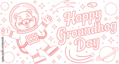 Outline of Astronaut Groundhog with Happy Groundhog Day Text and Space Stars and Planets