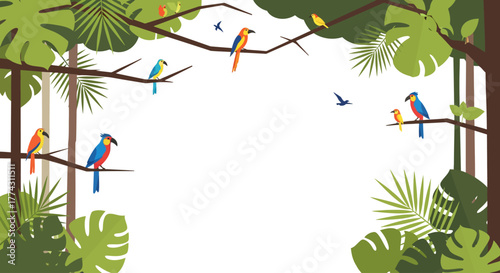 Colorful parrots perched on tree branches in a lush, tropical forest setting.