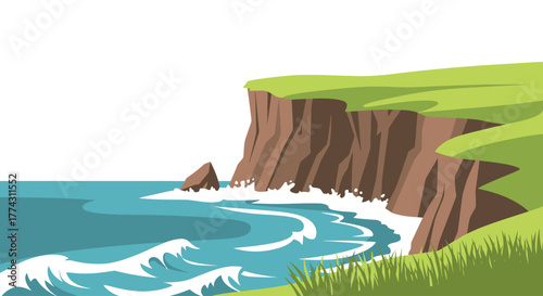 Coastal scene depicting cliffs meeting the ocean, with waves crashing against the shore and green grass on the cliff tops.