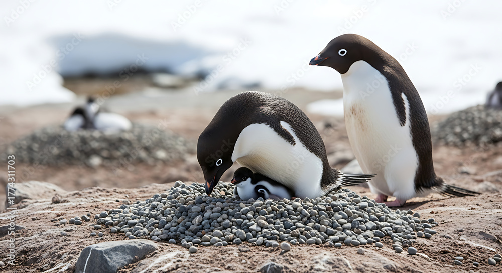 Fototapeta premium Two Adelie penguins tending to their nest, one looking down, another standing guard.