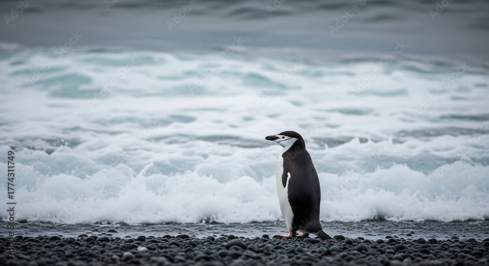 Obraz premium Chinstrap penguin standing on a rocky beach with ocean waves in the background.