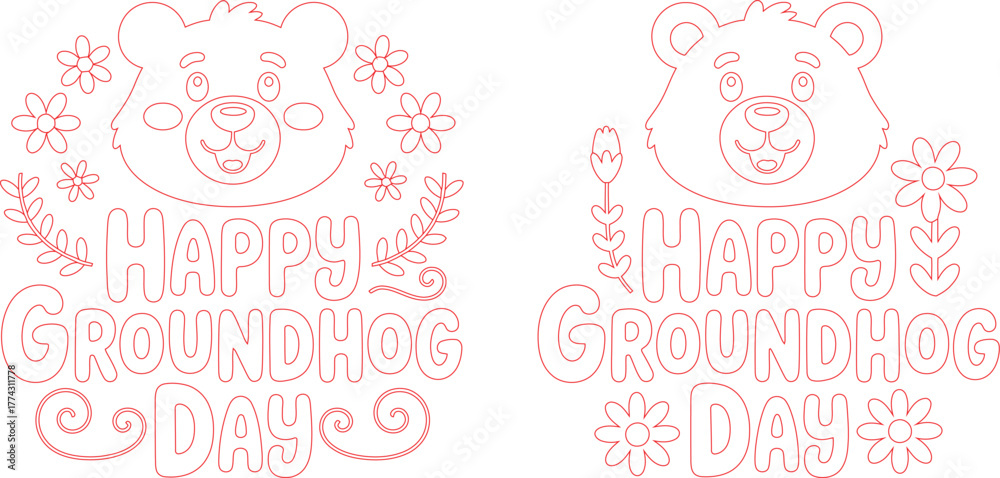 Fototapeta premium Outlined Happy Groundhog Day Graphics with Cartoon Bear, Flowers, and Ornamental Details for Festive Designs