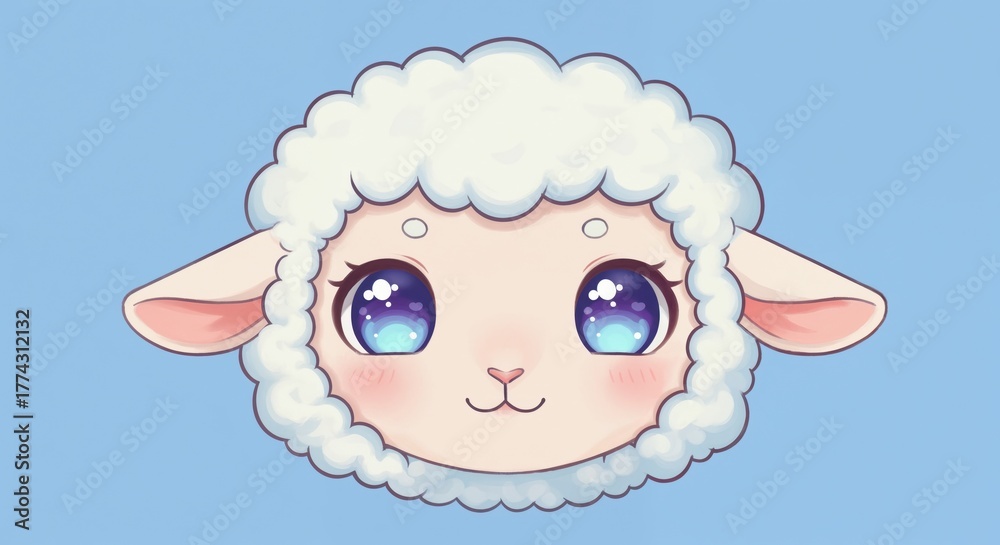 Fototapeta premium Cuddly Sheep Illustration: A charming illustration features a cute sheep with soft, fluffy wool, sweet eyes, evoking a sense of innocence and tranquility.