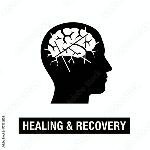 Healing Mental Scars Icon: Minimalist vector graphic representing the journey of survivors from injury (torture/abuse) to mental and emotional restoration and healing. High-contrast design