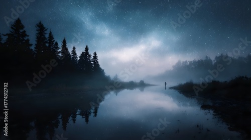 Fototapeta Naklejka Na Ścianę i Meble -  A solitary silhouette stands by a misty reflective lake under a vast star filled night sky