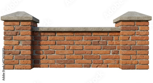 Detailed view of a brick wall with concrete pillar caps and top edge finishing
