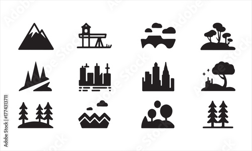 Collection of landscape and cityscape silhouette icons on white