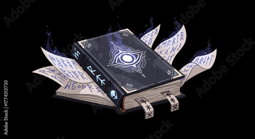 Mysterious Ancient Grimoire with Mystical Eye Symbol.
