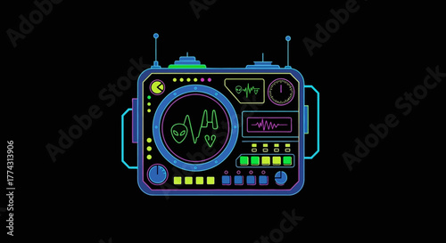 Futuristic Radio Device Displaying Heartbeat Signals.