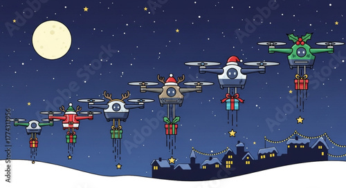Christmas AI Drone Delivering Wrapped Gift Package Over Snowy Landscape