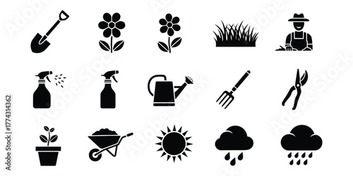 Gardening Horticulture Tools Plants Weather Icons Collection with vector illustration