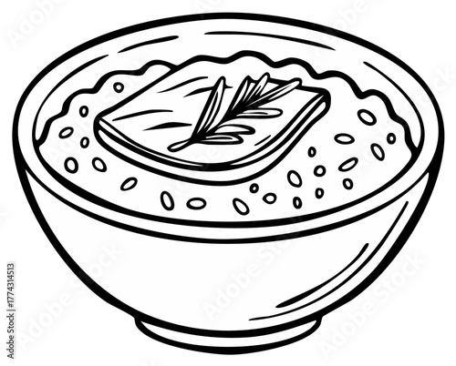 Hand drawn illustration of a bowl of hot porridge or soup with rosemary garnish. Line art sketch.