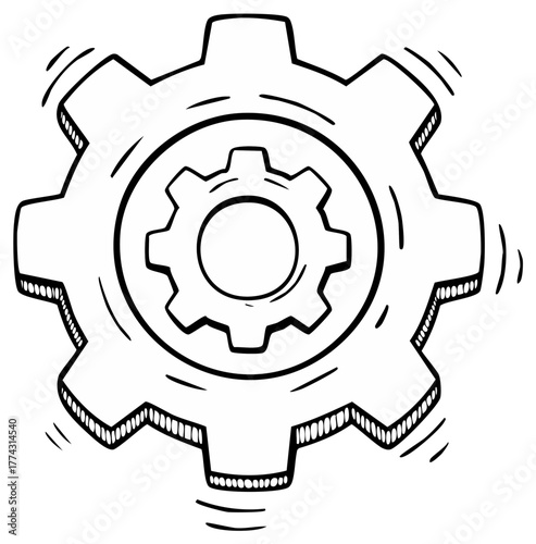 Hand-drawn gear illustration in black and white, inner gear