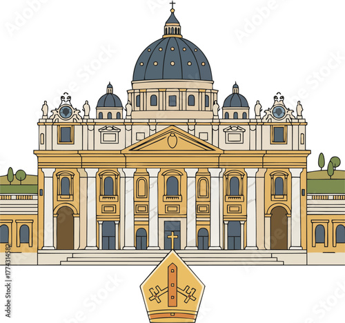 Vector St. Peter’s Basilica Vatican Landmark with Papal Mitre and Landscape – Iconic Catholic Church