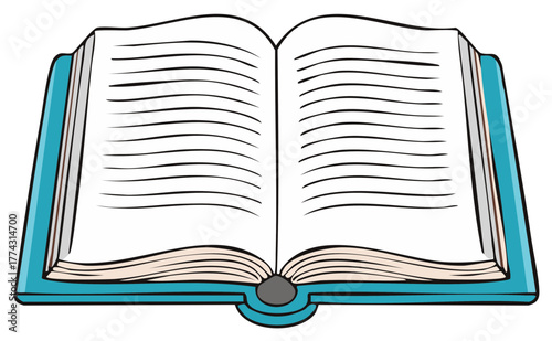 Open blank book with lined pages and turquoise cover in a simple illustration style