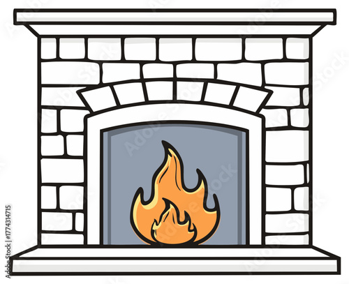 Cartoon Illustration of a Stone Fireplace with a Cozy Fire Burning for a Warm, Relaxing Ambience