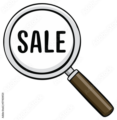 Cartoon magnifying glass with the word SALE inside of it.