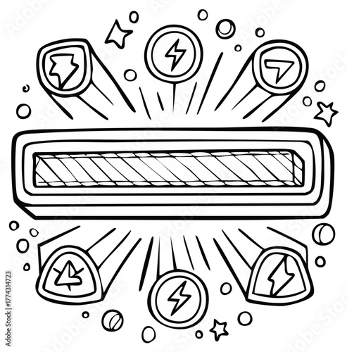 Loading progress bar with energy and power up icons in a hand drawn doodle style