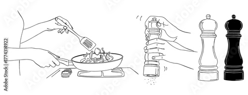 料理をする手元のイラストセット｜炒め物・ペッパーミル・塩こしょう・調理の線画