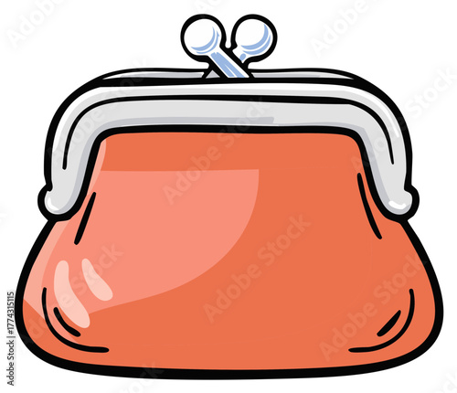 Cartoonish Orange Coin Purse Illustration with Metal Clasp and Black Outline