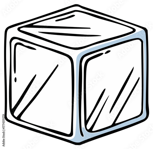 Hand drawn illustration of a single, transparent ice cube with blue outline
