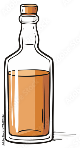 Cartoon illustration of a clear glass bottle with a cork stopper filled with orange liquid
