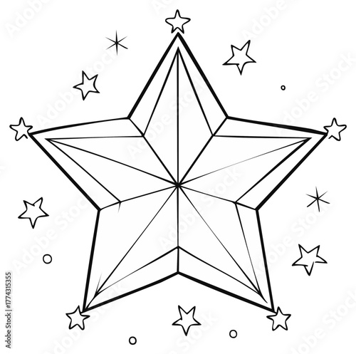 Geometric star shape with small star and circle decorations on white page, line art drawing