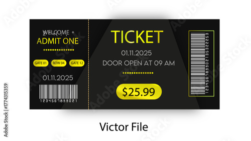 Modern Event Ticket Vector Design | Black and Yellow Admit One Ticket Template | Minimal Futuristic Layout event ticket vector, modern ticket design, admit one ticket, concert ticket template, black 