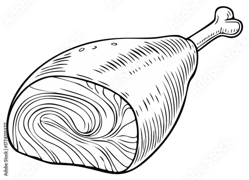Vintage woodcut illustration of a ham leg with bone in black and white line art