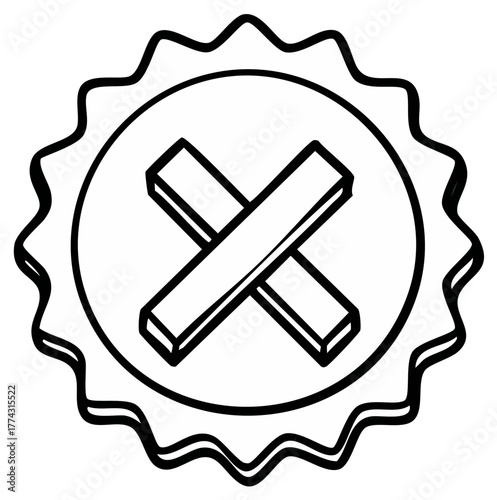 Doodle style cancellation stamp icon with a three dimensional X symbol in a round wavy frame