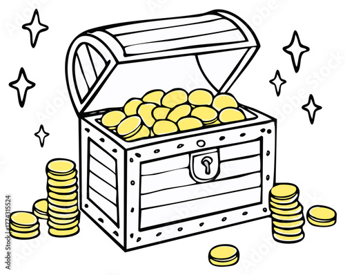 Vector line art cartoon of an open wooden treasure chest full of sparkling gold coins.