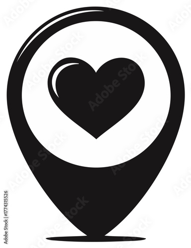 Black heart inside a location pin icon graphic illustration