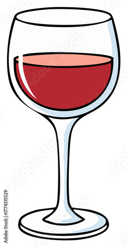 Cartoon glass of red wine, full with drink, isolated on white background