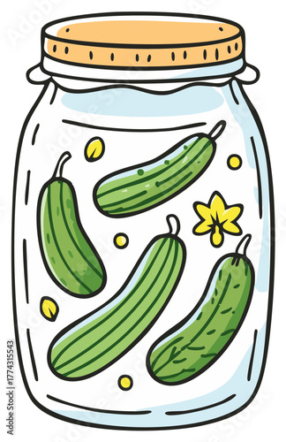 Cartoon illustration of glass jar with pickled cucumbers and flower, homemade canned food