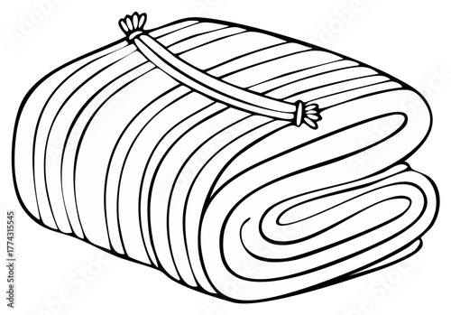 Folded blanket with rope and knots. Black and white vector illustration.