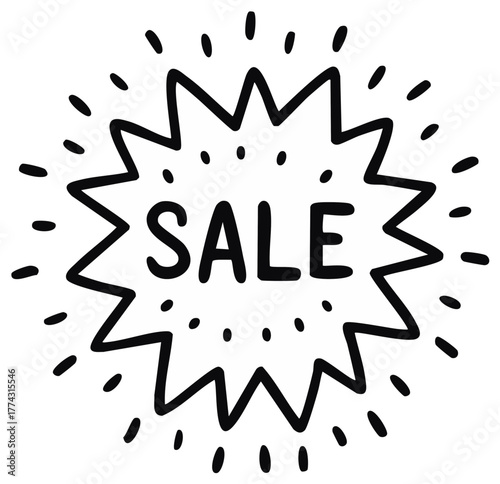 Hand drawn black and white sale text in starburst shape with radiating dots graphic for promotion