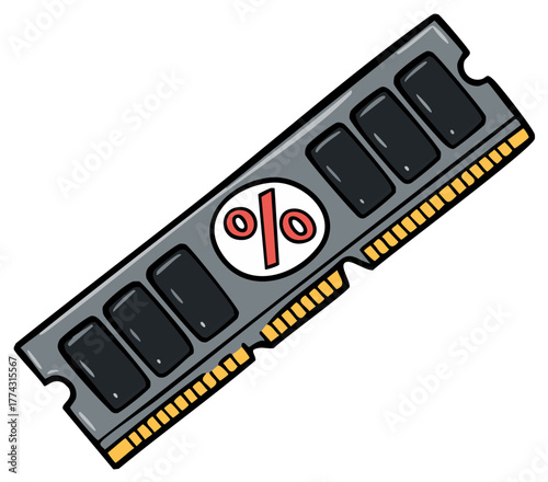 Cartoon illustration of a computer RAM stick with a percent sign symbol for sales and discounts on electronics