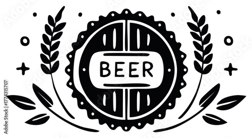 Beer Cap and Wheat Stalks Black and White Illustration for Brews Beverage Industry