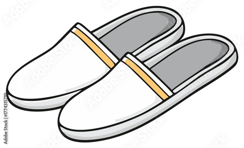 A simple vector illustration of a pair of white house slippers for comfort, spa, or hotel use