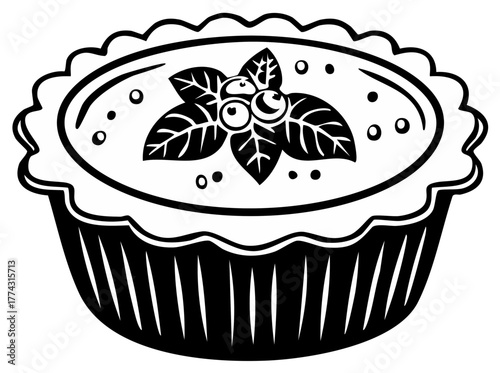 Black and white illustration of a round berry tart with leaves and scallops
