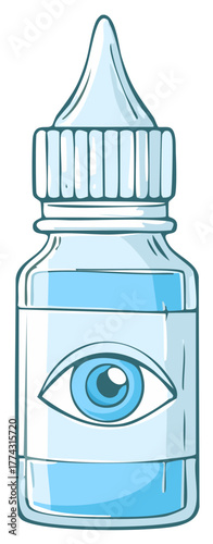 Cartoon eye drops bottle with blue liquid and eye icon on label