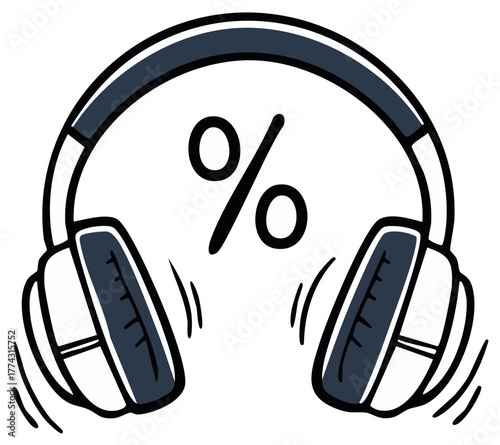 Hand drawn headphones and percent sign for music streaming sale or podcast promotion concept