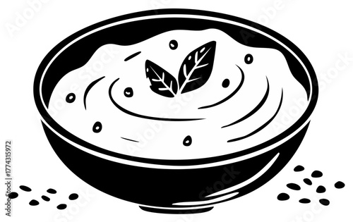 Black and white illustration of a rustic bowl of soup or puree with fresh herbs