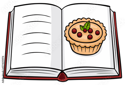 Cartoon open cookbook showing a delicious berry pie recipe illustration