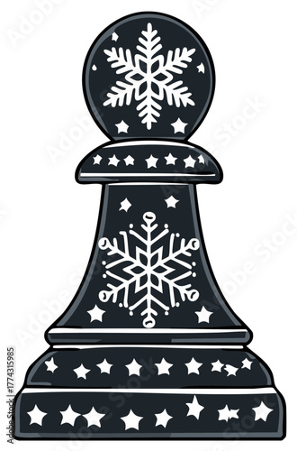 Festive dark chess pawn piece with winter snowflake and star ornaments for holiday strategy games